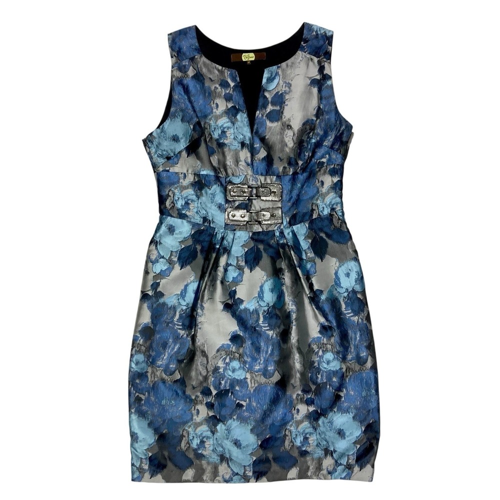 Eva Franco Anthropologie Jacquard Floral Dress Women 10 Blue Silver Evening Chic